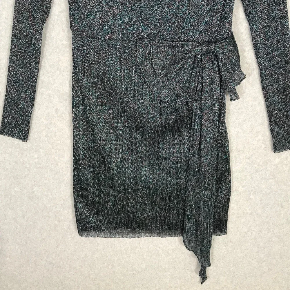 Aidan Mattox Teal‎ Metallic Wrap Dress Size 4 Bow Shimmer Party NYE Holiday Glam - Picture 3 of 16